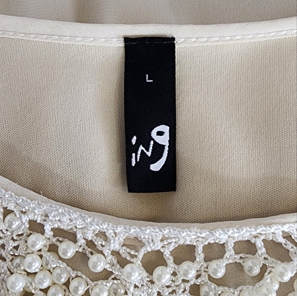 Ing Dress Sheer Overlay And Faux Pearl Strands Collar Long Sleeve Cream Size L - Picture 13 of 15